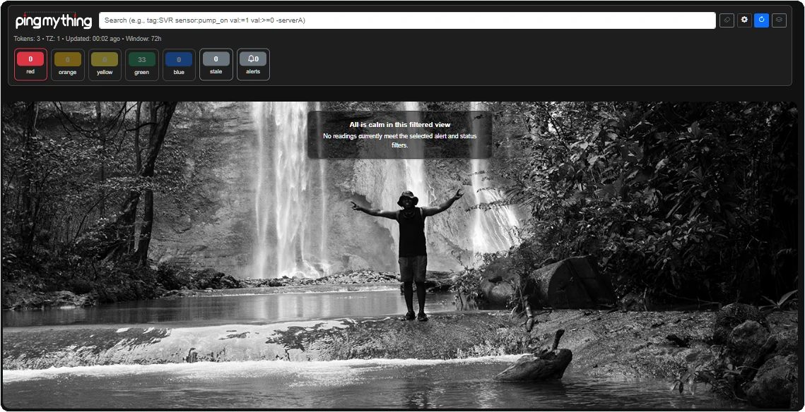 PingMyThing webapp showing a calm filtered NOC-style view