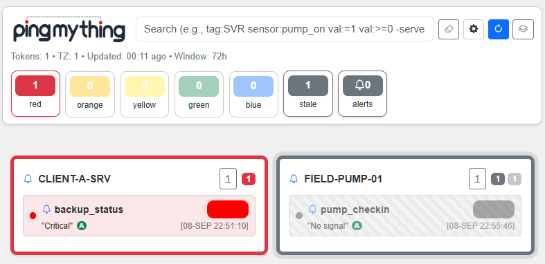 PingMyThing webapp showing recent results for one station and check